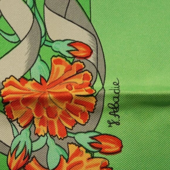 Share HERMES Carre 90 Scarf ""Fleurs de L'Opera"" Silk Green Auth ki5895 - Picture 13 of 16